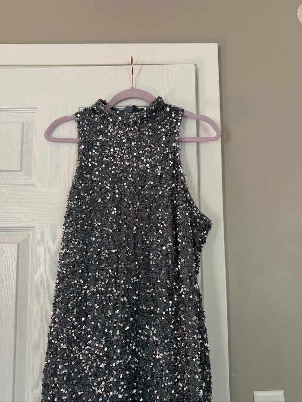 Fashion Nova Grey Full Sequin Fur Maxi Dress Mock Neck - Picture 9 of 12